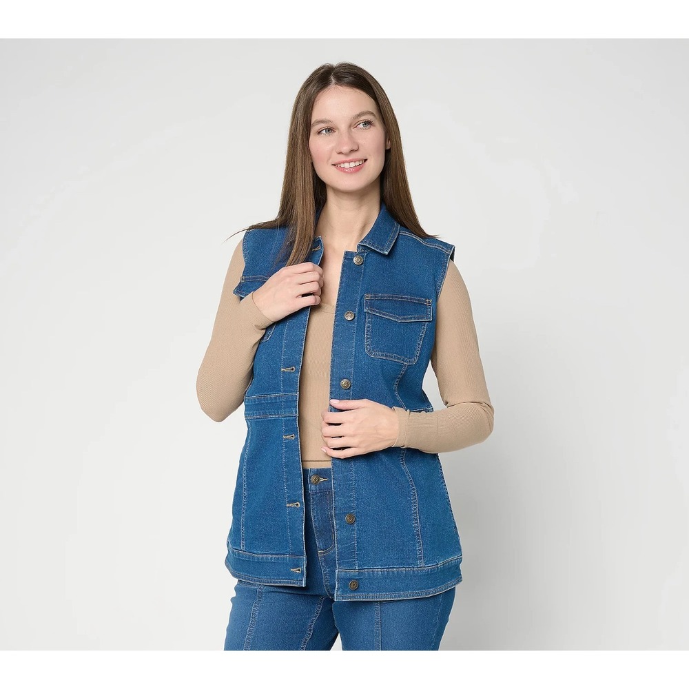 Denim & Co. Classic Stretch Indigo Denim Vest Medium Wash, S   #46E